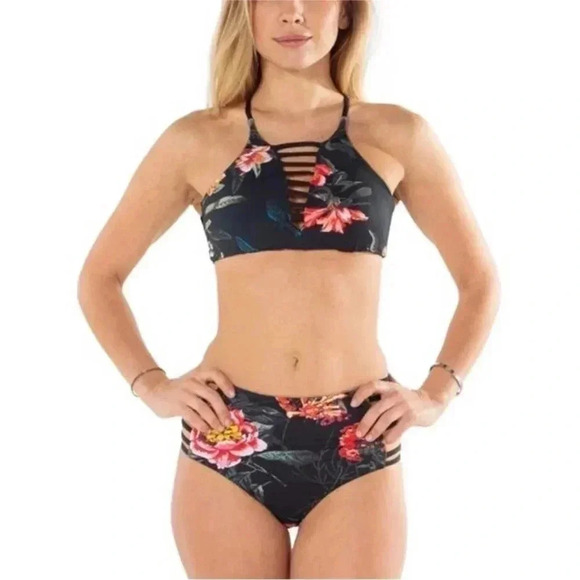 TiniBikini Reversible Dark Floral High Waisted Strappy Bikini Bottoms - Picture 2 of 9